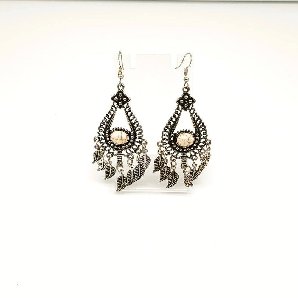 Bohemian Tribal Style Drop Earrings with White Howlite Cabochon Center Jewelry
